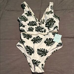Cupshe White and Green One Piece Swim with Leaf Print